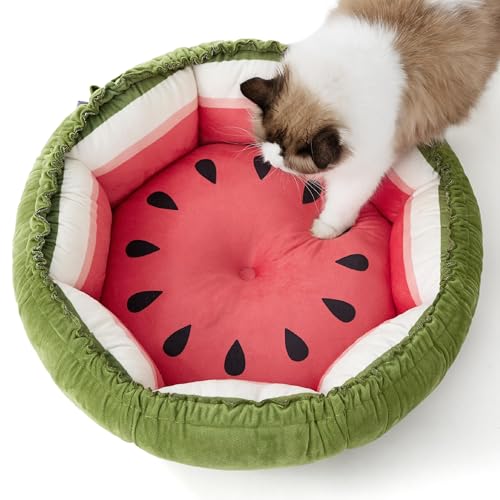 Lesure Katzenbett waschbar Katzen Bettchen - 53x53x18cm 2 in 1 Katzen Bett mit Zweiseitig Innenkissen Katzenschlafplatz für Katzen oder kleine Hunde, Wassermelone Rot von LE SURE