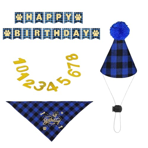 4 Stück Geburtstag Sparty Bandana Mützen Set Hund Geburtstag Boy Hut Scarfs Flag Haustier Hund Dreieck Schal Geburtstag mit Einer Zahl fur Geburtstag Party Zubehör Dekorationen (Blau) von LEBKFT