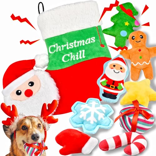 LECHONG 9 Pack Weihnachten Hundespielzeug Set, 8 gefüllte Hund Quietsche Spielzeug mit Hundespielzeug Lagerung Weihnachten Socke für kleine Hunde und Welpen, Weihnachten Spielzeug Geschenk für Hunde von LECHONG