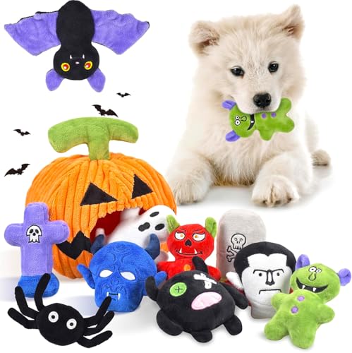 LECHONG Halloween Hundespielzeug Set, 11 Pack Quietschende Hundespielzeug für Aggressive Kauer, Kürbis Hundespielzeug Bundle, Hundespielzeug Geschenk für große mittlere kleine Hunde von LECHONG