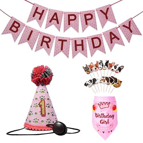 Haustier Geburtstag Banner Hund Hut Schals Set Niedlich Hund Geburtstag Bandana Kuchen Topper für Geburtstag Party Supplies Dekorationen (Rosa 1) von LEEMASING