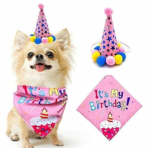 Haustier Happy Birthday Hut Kopfbedeckung mit Halstuch Party Kostüm Dekor für Haustier Welpen Katze Jungen und Mädchen Party Zubehör Geburtstag Dekorationen (Pink) von LEEMASING