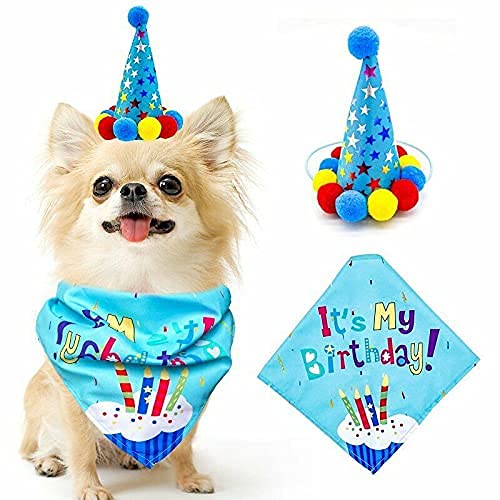 Haustier Happy Birthday Hut Kopfbedeckung mit Halstuch Party Kostüm Dekor für Haustier Welpen Katze Jungen und Mädchen Party Zubehör Geburtstag Dekorationen (blau) von LEEMASING