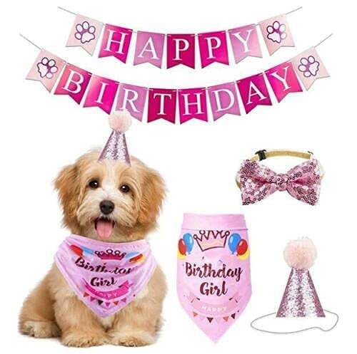 Haustier Hund Geburtstag Party Supplies Bandana Hut Happy Birthday Banner Set Niedliches Hund Geburtstag Outfit und Dekoration für Hund Welpe (Rosa 1) von LEEMASING