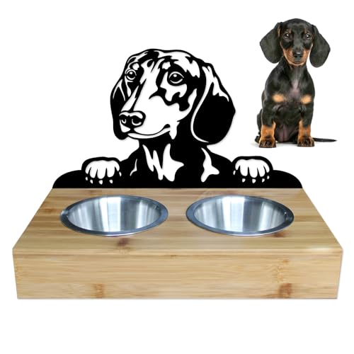 Lefevre Paris • Schüsselhalter für Hunde und Katzen aus Metall und Holz. 2 Edelstahlschüsseln im Lieferumfang enthalten. Nahrung/Wasser. Länge 350 mm, Höhe 258 mm. Dackel von LEFEVRE PARIS