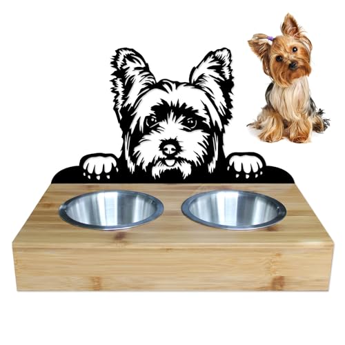 LEFEVRE PARIS • Hundenapfständer Yorkshire Terrier aus Epoxidharzmetall inkl. 2 Näpfe aus Edelstahl, Futter / Wasser, Länge 350 mm, Höhe 258 mm, hergestellt in Frankreich von LEFEVRE PARIS