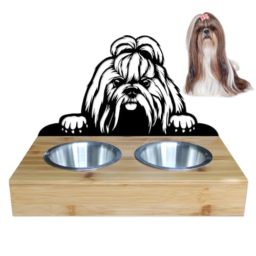 LEFEVRE PARIS • Napfständer für französische Bulldogge, aus Metall und Holz, 2 Näpfe aus Edelstahl inklusive, Futter/Wasser, Länge 350 mm, Höhe 258 mm, hergestellt in Frankreich (Shih-tzu) von LEFEVRE PARIS