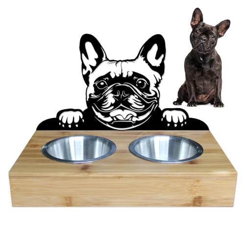 LEFEVRE PARIS • Ständer für Hunde und Katzen, aus Metall und Holz, 2 Näpfe aus Edelstahl, Futter/Wasser, Länge 350 mm, Höhe 258 mm, hergestellt in Frankreich (Französische Bulldogge) von LEFEVRE PARIS