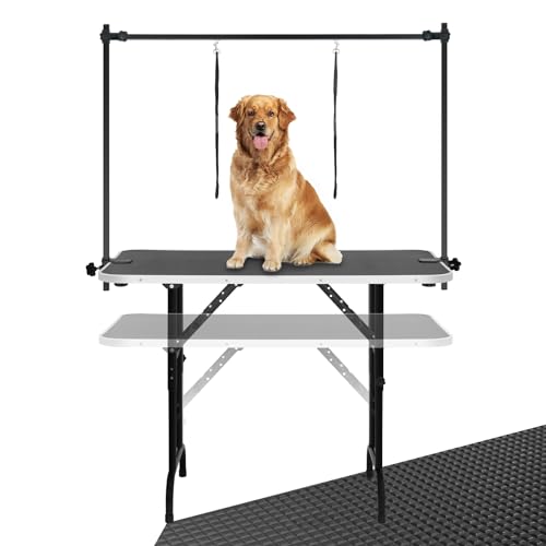 LEIBOU Faltbarer Fellpflegetisch für Hunde, 114 cm, höhenverstellbar (58-85 cm), mit Fellpflege-Werkzeugablage, Fellpflege-Arm, Schlinge und Netz-Tablett für Hunde- und Katzenpflege, maximale von LEIBOU