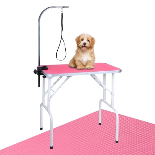 LEIBOU Haustier Hund Grooming Tisch Faltbarer Grooming Tisch Heavy Duty Eisenrahmen mit Arm/Schlinge für Hund Katze Haustier Grooming (32'', Pink) von LEIBOU