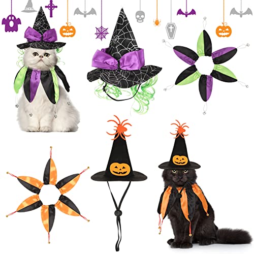 4 Stück Halloween Katze Hexe Kostüme Hexe Katze Hüte und Halsbänder mit Glocken Lustige Zauberer Kostüme Katze Halloween Bekleidung Zubehör für kleine Hunde und Katzen Halloween Party Cosplay von LEIFIDE