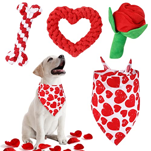 LEIFIDE Valentinstag Hund Kauspielzeug Bandana Set 4 Pack Valentinstag Rose Hundespielzeug Quietschendes Plüschtier Herzförmiges Hundeseilspielzeug Hund Baumwolle Haustier Seil Spielzeug für kleine, von LEIFIDE