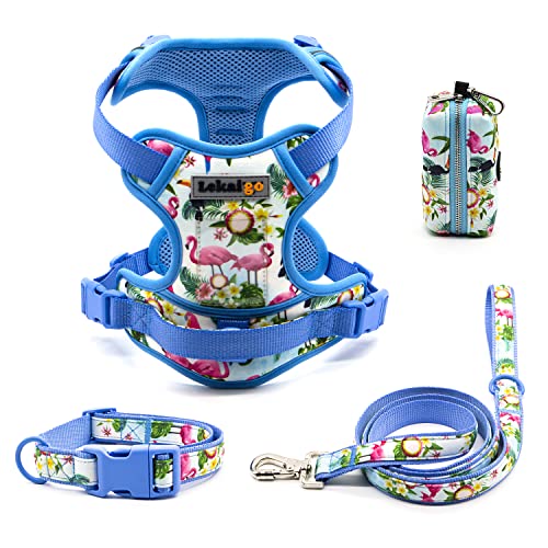 Hundegeschirr, Halsband, 1.5 m, Leine, Kotbeutelhalter-Set, reflektierend, verstellbar, kein Ziehen, Hundeweste mit Sicherheitsverschluss, einfache Kontrolle, für kleine, 4 Stück, M-Blau von LEKAIGO