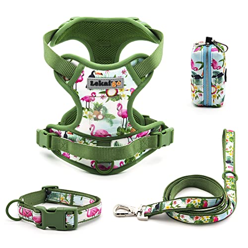 Hundegeschirr, Halsband, 1.5 m, Leine, Kotbeutelhalter-Set, reflektierend, verstellbar, kein Ziehen, Hundeweste mit Sicherheitsverschluss, einfache Kontrolle, für kleine, 4 Stück, M-Grün von LEKAIGO