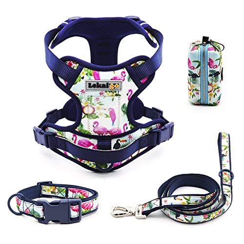 Hundegeschirr, Halsband, 1.5 m, Leine, Kotbeutelhalter-Set, reflektierend, verstellbar, kein Ziehen, Hundeweste mit Sicherheitsverschluss, einfache Kontrolle, für kleine, 4 Stück, M-Navy von LEKAIGO