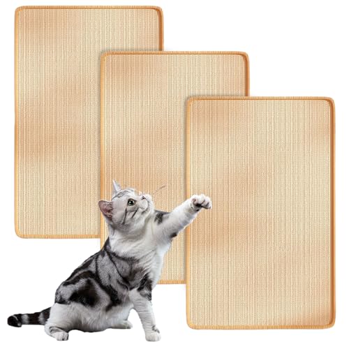 LEKEFETO 3 Stück Kratzmatte Katze, Sisal Teppich Katzen, 25x50cm, Widerstandsfähig Kratzmatte Katze Wand, Katzenkratzbretter Kratzmatte für Schützt Teppiche und Möbel (Originalfarbe) von LEKEFETO