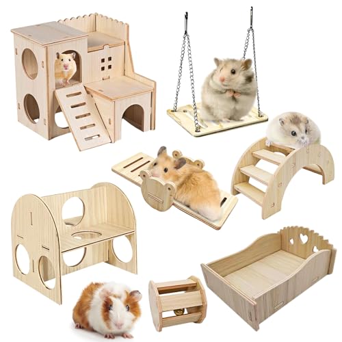 LEKEFETO Hamster Spielzeug aus Holz: 7 Stück DIY Hamster Haus, Spielzeug für Hamster, Haus für Meerschweinchen, Hamster Zubehör, für Meerschweinchen, Rennmaus, Chinchilla, Zwerghamster von LEKEFETO