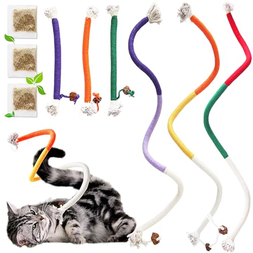 LEKEWPET Katzenspielzeug, 6 Stück Sisalseile plus 3 Beutel Katzenminze-Spielzeug für Indoor-Katzen, Zahnreinigung, Kauspielzeug für Kätzchen, bissfest, interaktives Katzenminze-Spielzeug, interaktives von LEKEWPET