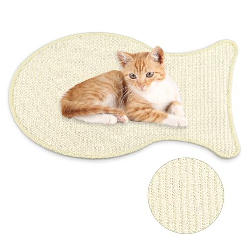 LELE LIFE Sisal Katzenkratzmatte, 49 x 35 cm Niedliche Fisch Katze Kratzmatte für Indoor Katzen mit Hakenband, Horizontale Katzenkratzmatte Teppich Wand Couch Eckenschutz von LELE LIFE