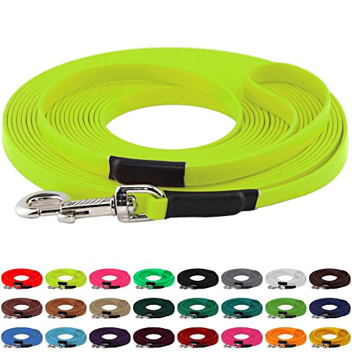 LENNIE BioThane Schleppleine, 13mm, Hunde 15-25kg, 10m lang, mit Handschlaufe, Neon-Gelb, genäht von LENNIE