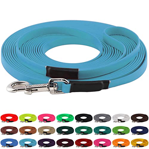 LENNIE BioThane Schleppleine, 13mm, Hunde 15-25kg, 20m lang, mit Handschlaufe, Cyan/Türkis, genäht von LENNIE