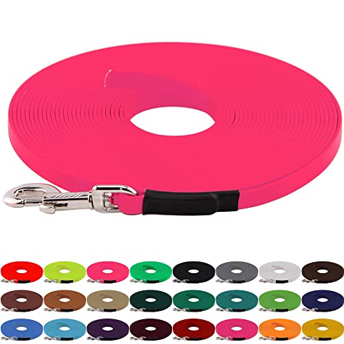 LENNIE BioThane Schleppleine, 13mm, Hunde 15-25kg, 20m lang, ohne Handschlaufe, Neon-Pink, genäht von LENNIE