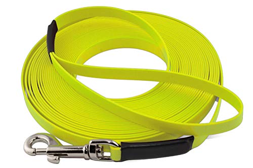 LENNIE Leichte BioThane Schleppleine, 13mm, Hunde 15-25kg, 10m lang, mit Handschlaufe, Neon-Gelb, genäht von LENNIE