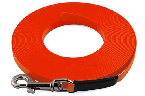 LENNIE Leichte BioThane Schleppleine, 13mm, Hunde 15-25kg, 10m lang, ohne Handschlaufe, Neon-Orange, genäht von LENNIE