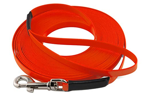 LENNIE Leichte BioThane Schleppleine, 13mm, Hunde 15-25kg, 15m lang, mit Handschlaufe, Neon-Orange, genäht von LENNIE