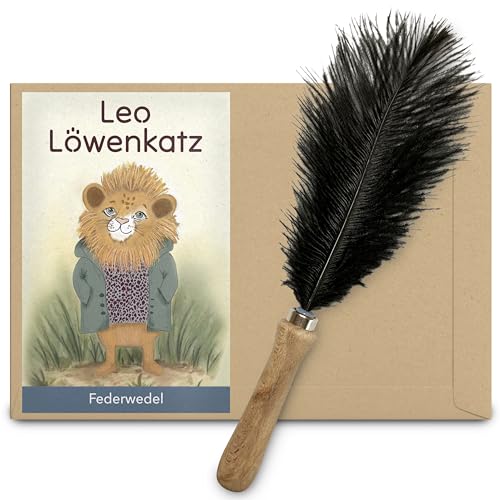 LEO LÖWENKATZ Federwedel mit echter Straußenfeder und Holzgriff. Rein natürliches und nachhaltiges Katzenspielzeug mit Feder von LEO LÖWENKATZ