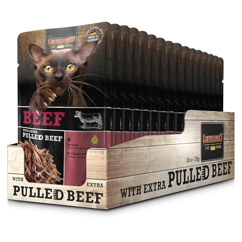 Leonardo Frischebeutel [16x70g Beef mit Fleischstreifen] Pulled Beef | Getreidefreies Nassfutter für Katzen | Alleinfuttermittel Katzenfutter von Leonardo