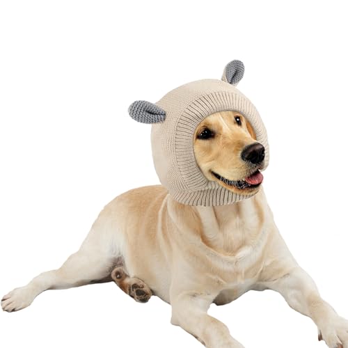 LERTREEUK Haustier-Strickmütze Winter Warme Hundemütze Balaclava Thermokopfbedeckung mit niedlichen Ohren für große Hunde (Beige) von LERTREEUK