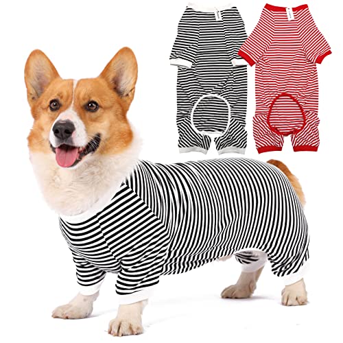 Hunde-Pyjama, Baumwolle, gestreift, Welpen-Jumpsuit, atmungsaktiv, 4 Beine, Basic-Pjs-Shirts für Welpen und Katzen, super weich, dehnbar, für Jungen und Mädchen (weiß, rot + schwarz, mittel) von LEVIBASIC