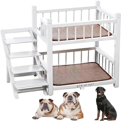 LEYWHEF Hunde-Etagenbett klein for kleine, mittelgroße und große Hunde, abnehmbares Doppellagiges Haustierbett mit Treppe(White,L) von LEYWHEF