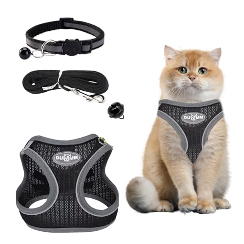 katzengeschirr mit Leine ausbruchsicher,Verstellbares Katzen Geschirr,katzengeschirr Weichem Innenfutter und Atmungsaktivem Mesh mit Reflektierenden für Outdoor Training Gehen(Schwarz S) von LFBEST