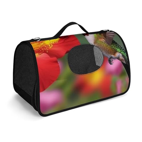 Hundetragetasche mit weichen Seiten, tragbare Haustier-Reisetasche, Kolibris, rote Blume, Hibiskus, bedruckte Haustiertasche, faltbare Hundehandtasche für Outdoor, Reisen, Camping von LFDSPYJE