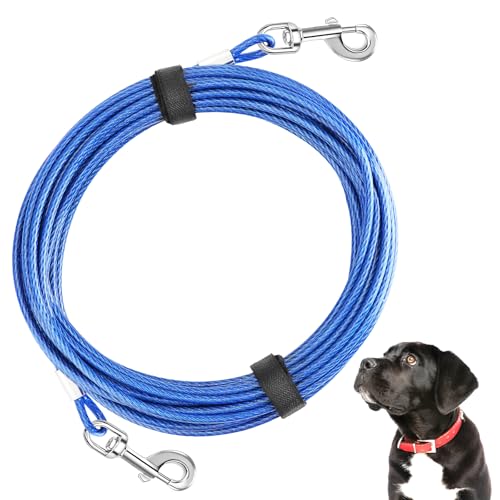 Hunde-Auslaufkabel, 15 m, Auslegekabel für Hunde, robust bis 75 kg, Hundeläufer für Hof, Stahldraht, Hundekabel mit Doppelclips für Outdoor, Camping, Training, Wandern (blau) von LGsMOUR