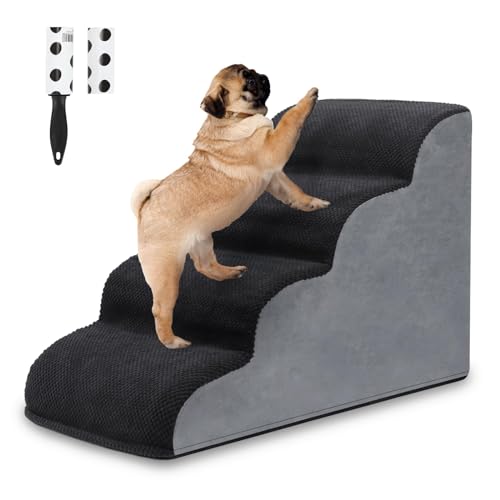 LIANTRAL Hundetreppe für Kleine Hunde, 4 Stufen Hundetreppe für Bett und Sofa aus Hochdichtem Schwamm, Haustier Hunderampe mit Waschbarem Bezug und Tierhaarentferner-Rolle, 50cm Hoch, Schwarz und Grau von LIANTRAL