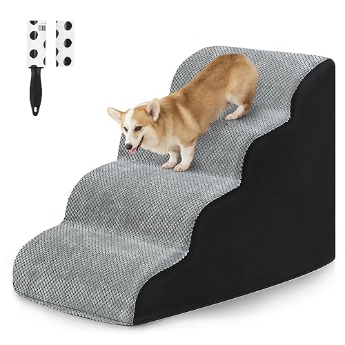 4 Stufen Hundetreppe für Bett und Sofa, LIANTRAL Haustiertreppe mit strapazierfähigem hochdichtem Schaumstoff und waschbarer Bezug und Tierhaarentferner-Rolle,Grau und Schwarz von LIANTRAL