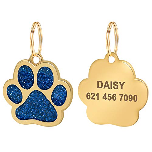LIANYG Hundemarke 2 stücke Glitter Paw Custom Pet ID Tag Hundezubehör Goldene personalisierte gravierte Namensschild für kleine mittelgroße Hundekatze 641 (Color : Blue, Size : Width 2.5cm) von LIANYG