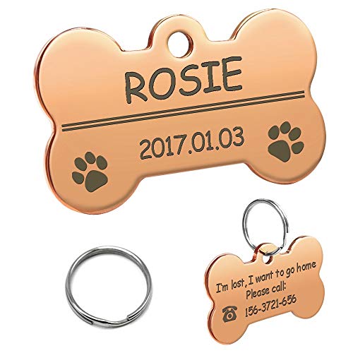 LIANYG Hundemarke 2 stücke personalisierte Dog id Tag Edelstahl maßgeschneiderte Dog Tags gravierte Haustiername Geburtstag Telefonnummer und Geschlecht mit Ring 641 (Color : Rose Gold, Size : Samll) von LIANYG