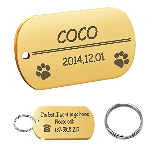 LIANYG Hundemarke 2 stücke personalisierte Dog id Tag Edelstahl maßgeschneiderte Dog Tags gravierte Haustiername Geburtstag Telefonnummer und Geschlecht mit Ring 641 (Color : Yellow, Size : L) von LIANYG