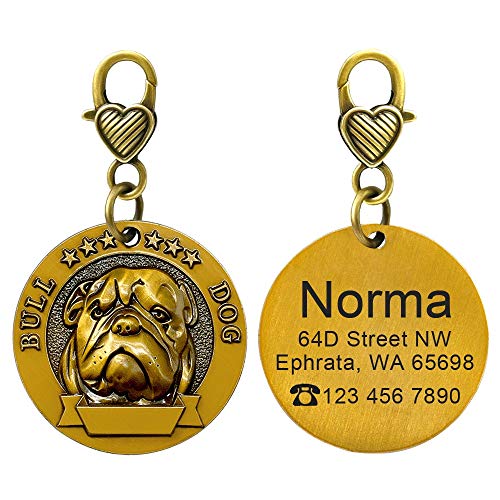 LIANYG Hundemarke Personalisierte Hunde-ID-Tag Hunde-Tags-Namensschild Anti-Lost-Gravur-Haustier-Anhänger für Halsband Halskette Kupfer plattiert 641 (Color : Bull Dog, Size : M) von LIANYG