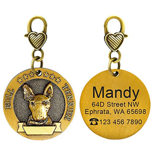 LIANYG Hundemarke Personalisierte Hunde-ID-Tag Hunde-Tags-Namensschild Anti-Lost-Gravur-Haustier-Anhänger für Halsband Halskette Kupfer plattiert 641 (Color : Bull Terrier, Size : M) von LIANYG