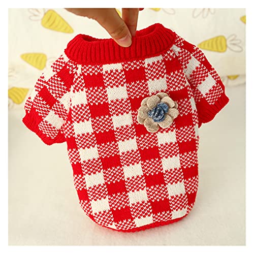 LIANYG Hundepullover Hundepullover Herbstblume Plaid Teddy Chihuahua Haustierpullover gestrickt warme Hundekleidung Haustierpullover (Farbe: Rot, Größe: XS) von LIANYG