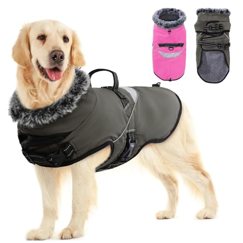 LIANZIMAU Wasserdichter Hundemantel mit Geschirr Wintermantel Hundepullover Fleece Reflektierende Hundejacke Regenmantel für kleine, mittlere und große Hunde von LIANZIMAU