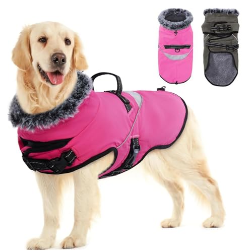 LIANZIMAU Wasserdichter Hundemantel mit Geschirr Wintermantel Hundepullover Fleece Reflektierende Hundejacke Regenmantel für kleine, mittlere und große Hunde von LIANZIMAU