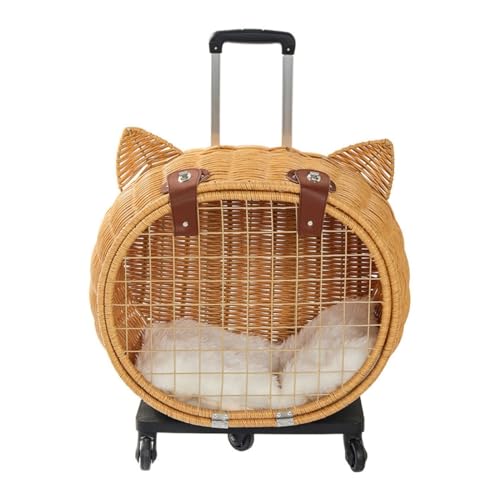 Transportbox für Haustiere auf Rädern Tragbarer Haustier-Trolley for Ausflüge, Haustiergepäck aus Rattanimitat mit Rädern und Matten, Haustier-Reisetransportbox for kleine und mittelgroße Hunde/Katzen von LIBANGRONG-888