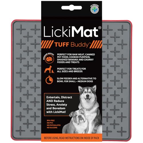 LickiMat Tuff, Heavy-Duty Buddy, Dog Slow Feeder Leckmatte, Langeweile Angst Reduzierer; perfekt für Lebensmittel, Leckereien, Joghurt oder Erdnussbutter, lustige Alternative zu einem Slow Feed Hundenapf, Rot von LICKIMAT