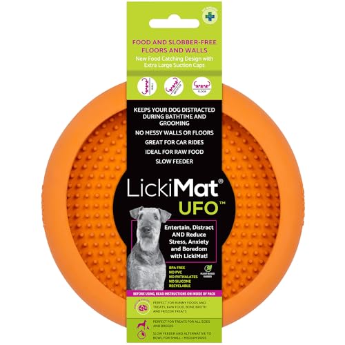 LickiMat UFO Ablenker für Baden, Duschen und Pflegen, Naturkautschuk, großer Schnuller, Lecknoppen, weiche und laufende Leckereien, einzigartiges Futter- und Dribbelfänger-Design, langsamer Fressnapf, von LICKIMAT